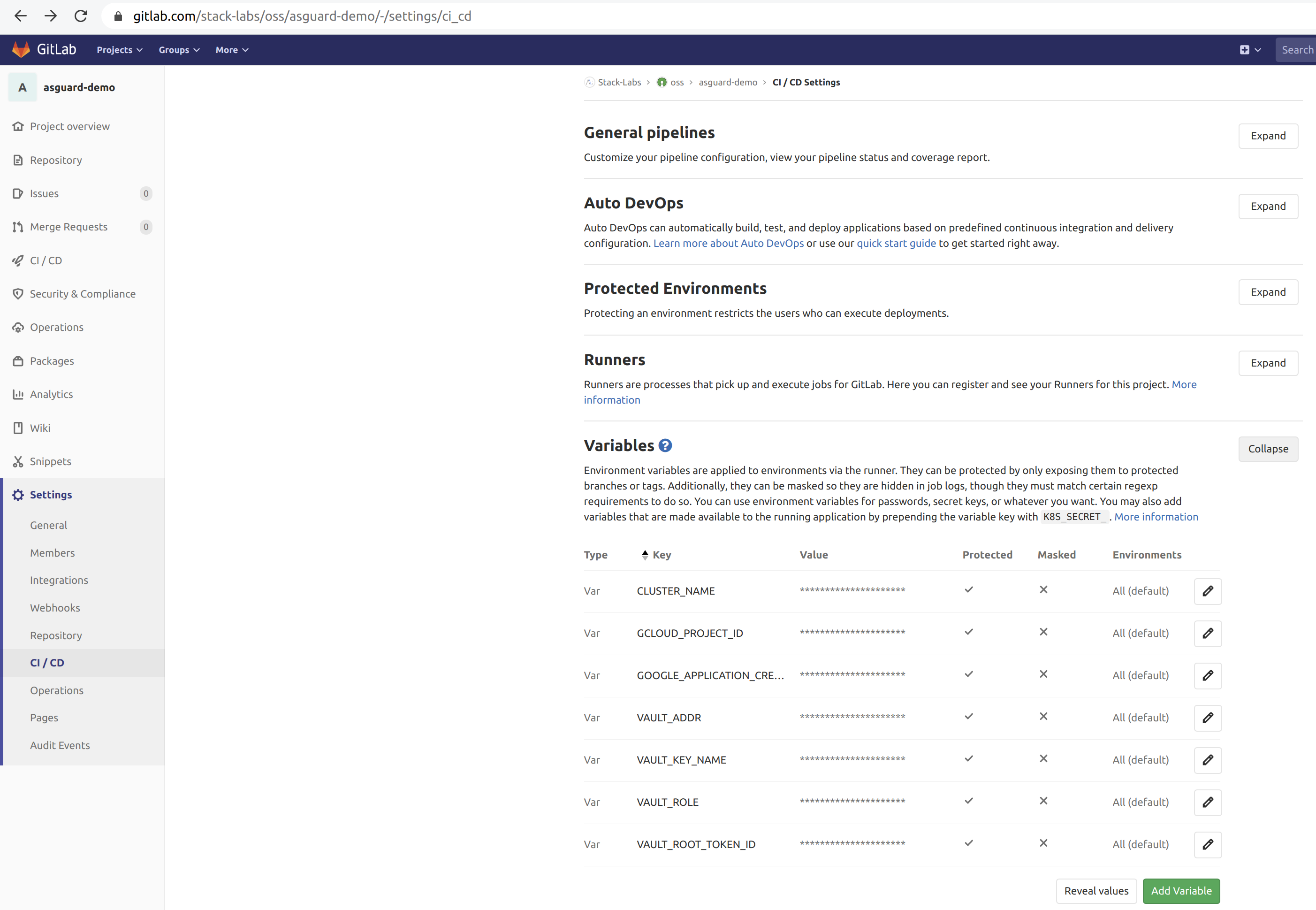 Gitlab protected environment variables